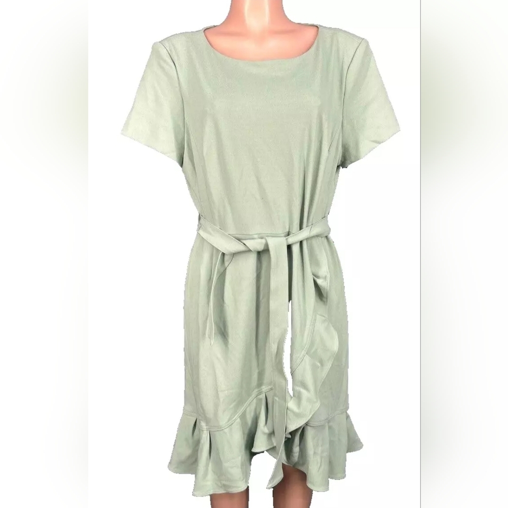 Calvin Klein Sage Green Short Sleeve Boat Neck Tie Wrap Ruffle Skirt Sz 16 NWT